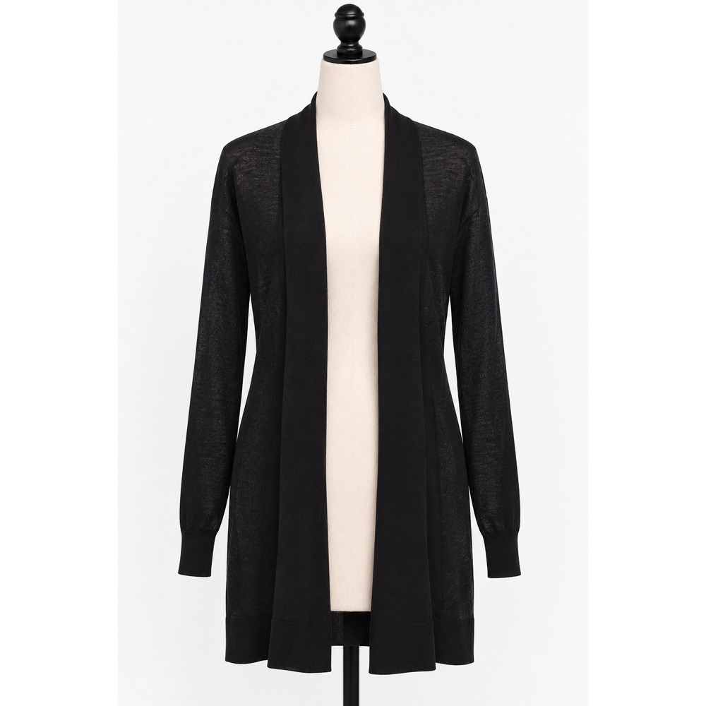 Elie Tahari Black Open Front Cardigan Lightweight Knit Shawl Collar M Minimalist